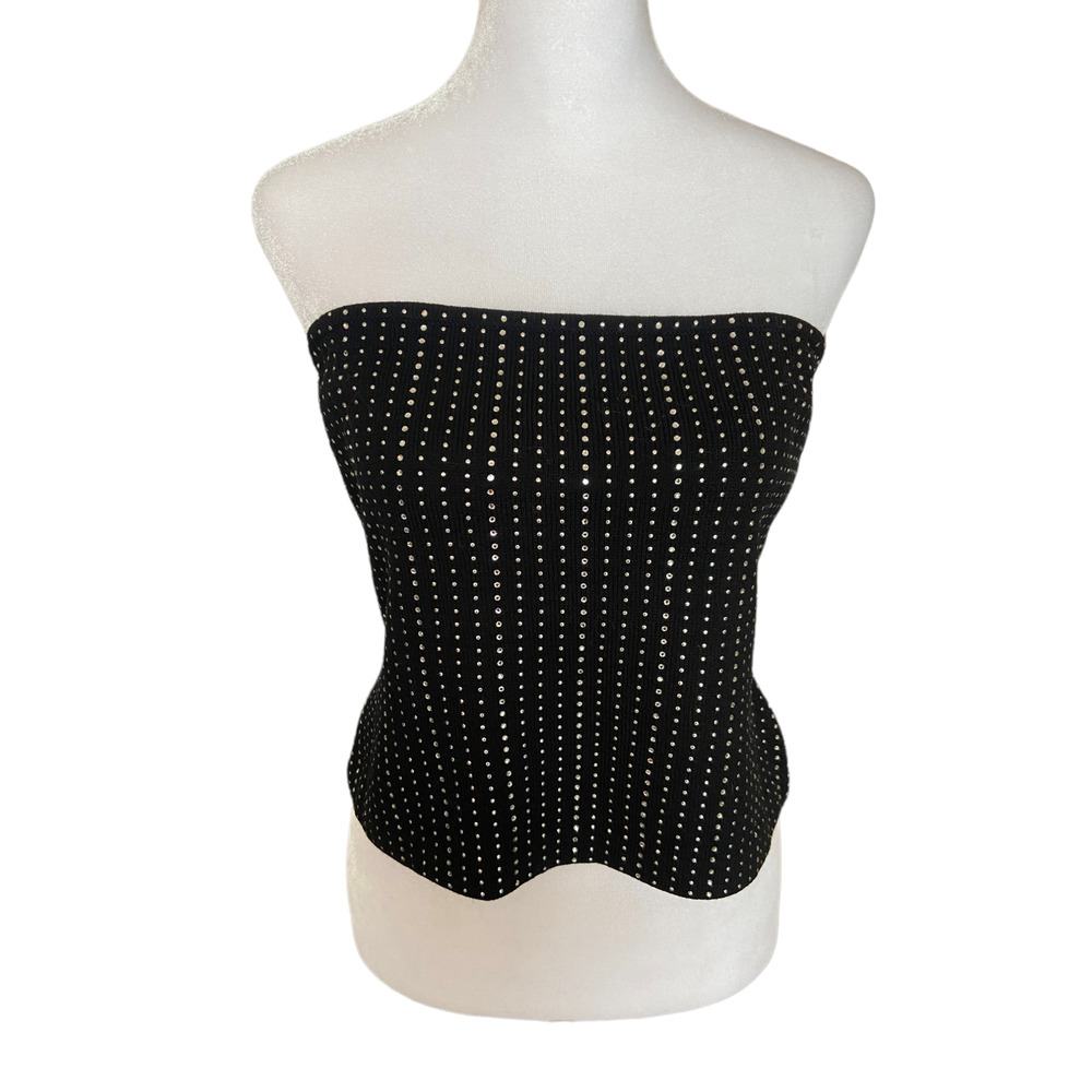 St. John black knit strapless beaded crystal crop top